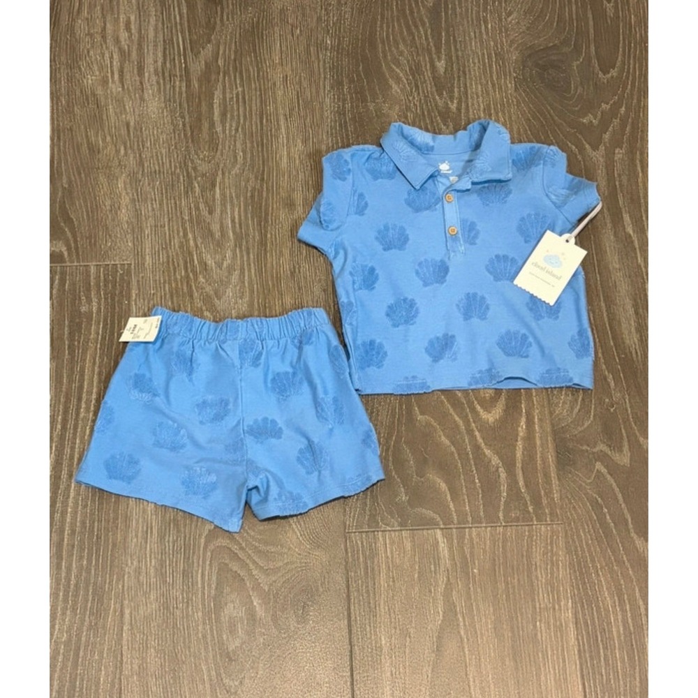 Cloud Island Baby Boy Blue Terry Cloth Seashell Polo and Shorts Set 18M NWT